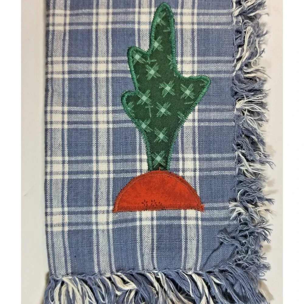 Southwestern Cactus Fabric Napkins Blue Plaid Set of 4 Fringe Edge NEW Tags